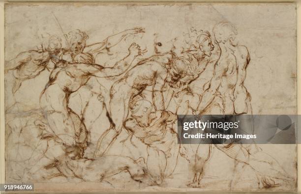 Battle Scene with Prisoners being pinioned, early 16th century. Verso: Battle Scene with Prisoners being pinioned. Dimensions: height x width: sheet...