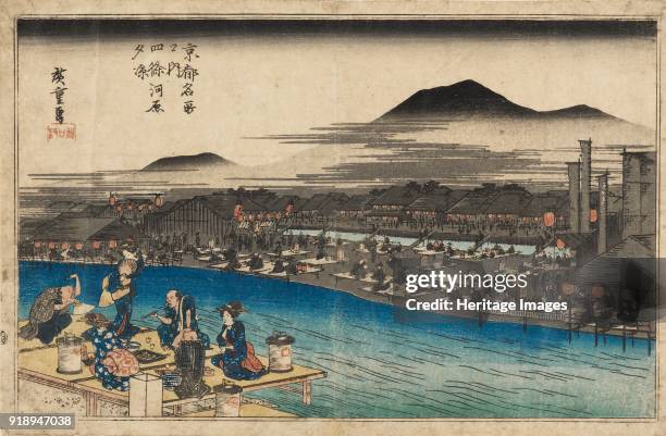 Woodblock print - Night view at Shijo Kawaramachi, 1797-1858. Dimensions: height x width: mount 40.6 x 55.9 cmheight x width: print 24 x 36.7 cm