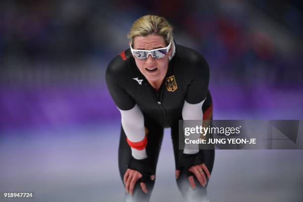 Germany's Claudia Pechstein reacts after competing in the women's 5,000m speed skating event during the Pyeongchang 2018 Winter Olympic Games at the...