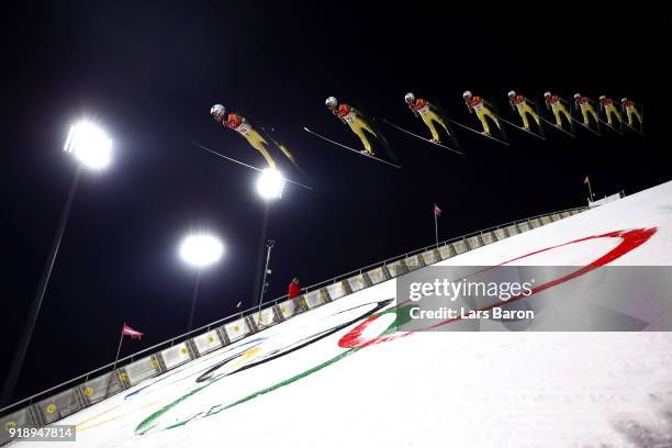 Sebastian Colloredo of Italy makes a trial jump during the Ski Jumping Men's Large Hill Individual Qualification at Alpensia Ski Jumping Center on...