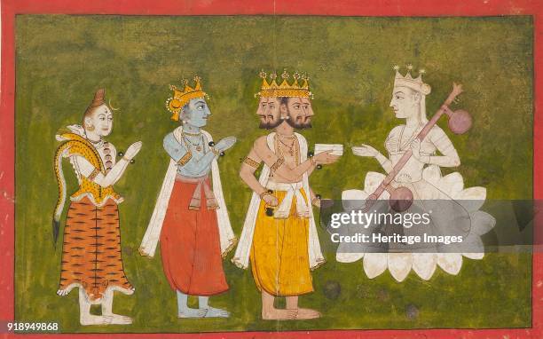 Devi revered by Brahma, Vishnu, and Shiva, circa 1710. Dimensions: height x width: mount 40.1 x 55.3 cmheight x width: page 18 x 28.1 cmheight x...