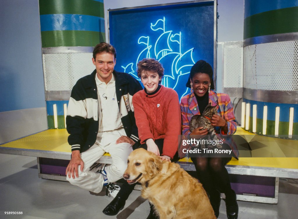 Blue Peter's television hosts John Leslie, Yvette Fielding and
