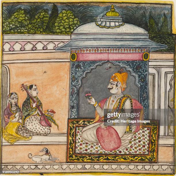 Raja listening to music on a terrace, circa 1800. Dimensions: height x width: mount 40.3 x 55 cmheight x width: painting 20.6 x 20.9 cm