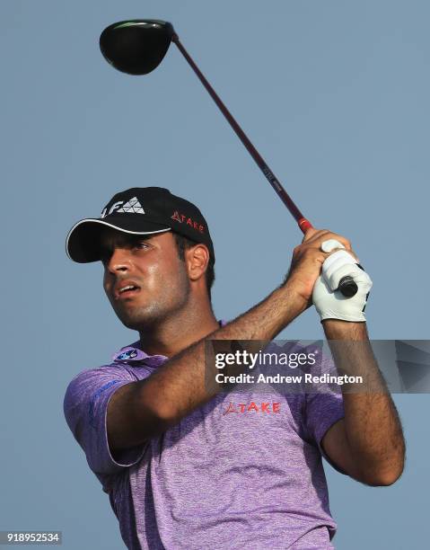 Shubhankar Sharma of India tees off on the par for 18th hole during the second round of the NBO Oman Open at Al Mouj Golf on February 16, 2018 in...