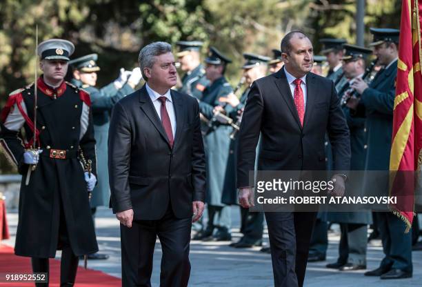 Macedonian President Gjorge Ivanov and Bulgarian President Rumen Radev review troops upon Radev's arrival on February 16, 2018 in Skopje for a...