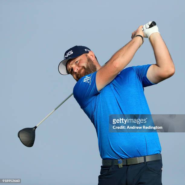 Andy Sullivan of England tees off on the par for 18th hole during the second round of the NBO Oman Open at Al Mouj Golf on February 16, 2018 in...