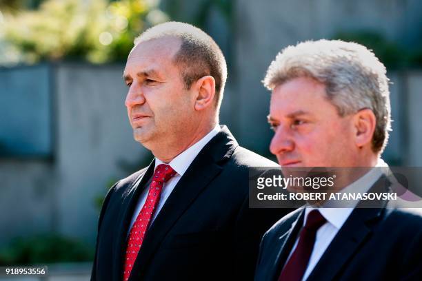 Macedonian President Gjorge Ivanov and Bulgarian President Rumen Radev stand at attention upon Radev's arrival on February 16, 2018 in Skopje for a...