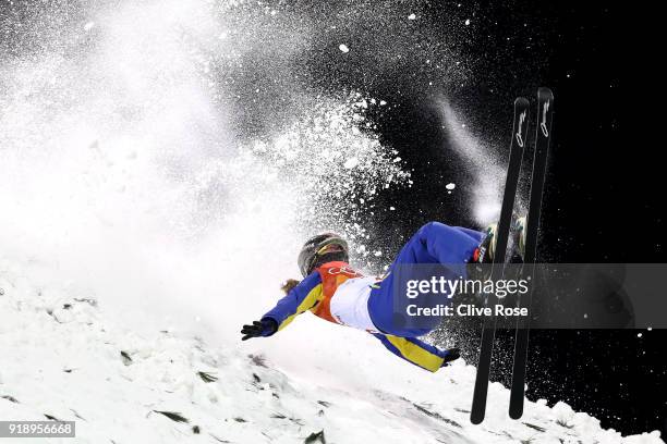 Mengtao Xu of China crashes during the Freestyle Skiing Ladies' Aerials Final on day seven of the PyeongChang 2018 Winter Olympic Games at Phoenix...