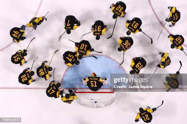 Team Germany prepares to play Sweden during the Men's Ice Hockey Preliminary Round Group B game at Gangneung Hockey Centre on February 16, 2018 in...