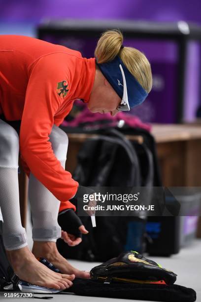 Germany's Claudia Pechstein prepares to compete in the women's 5,000m speed skating event during the Pyeongchang 2018 Winter Olympic Games at the...