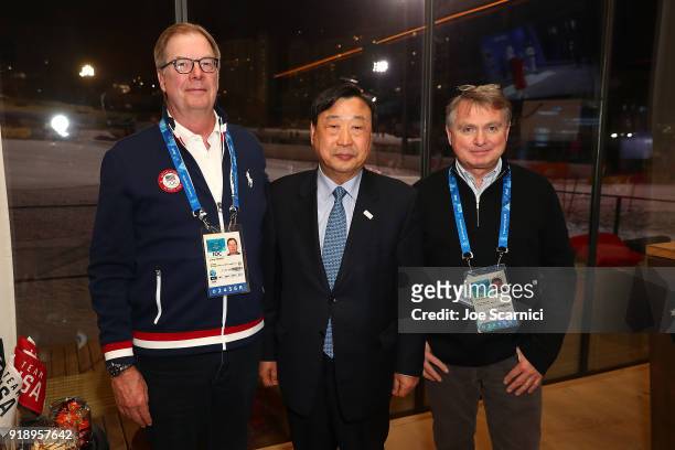 President Larry Probst, POCOG CEO and President Lee Hee-beom and Alan Ashley pose for a photo at the USA House at the PyeongChang 2018 Winter Olympic...