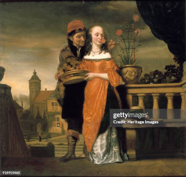 Man holding a Carnation to a Woman's Nose: An Allegory of the Sense of Smell, pre 1660. Dimensions: height x width x depth: 59 x 62 cm