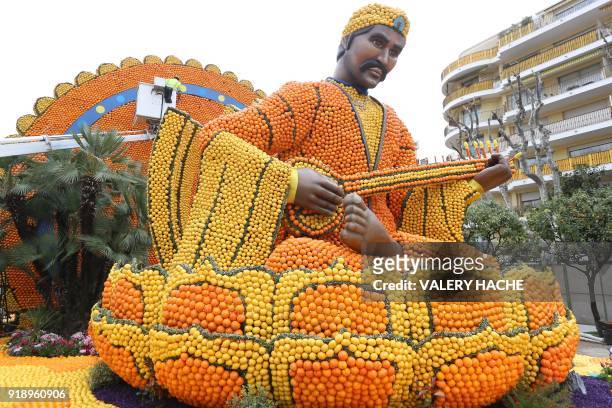 Sculpture made of lemons and oranges is pictured on the eve of the 85th Lemon Festival, on February 16, 2018 in Menton, southeastern France. - The...