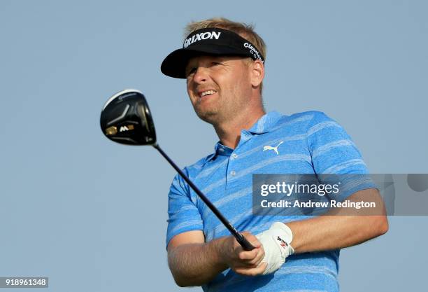 Soren Kjeldsen of Denmark on the par for 18th tee during the second round of the NBO Oman Open at Al Mouj Golf on February 16, 2018 in Muscat, Oman.