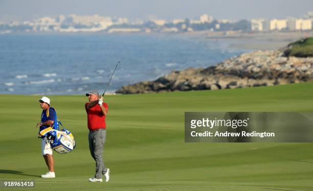 Thomas Bjorn of Denmark on the par for 18th hole during the second round of the NBO Oman Open at Al Mouj Golf on February 16, 2018 in Muscat, Oman.