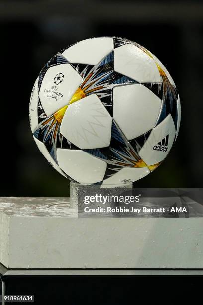 The Adidas UEFA Champions League road to Kiev match ball is seen on a plinth during the UEFA Champions League Round of 16 First Leg match between FC...