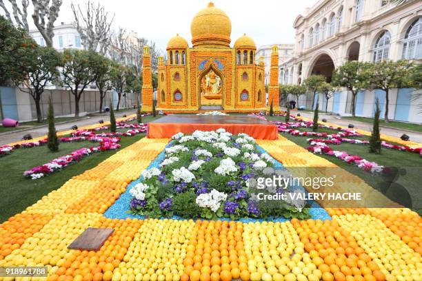 Sculpture of the Taj Mahal made of lemons and oranges is displayed on the eve of the 85th Lemon Festival, on February 16, 2018 in Menton,...