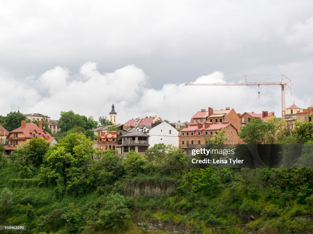 View over the old town of Kamianets-Podilskyi, Ukraine. The...