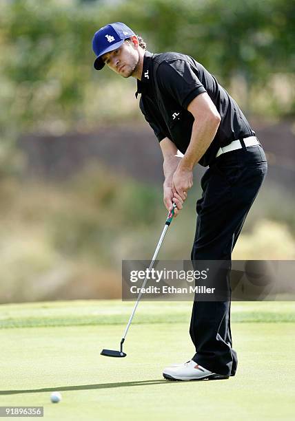 Singer Justin Timberlake putts on the 8th green at the Justin Timberlake Shriners Hospitals for Children Open Championship Pro-Am at the TPC...