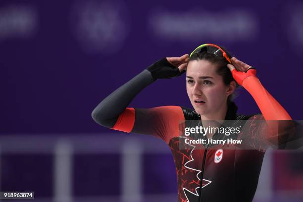 Isabelle Weidemann of Canada reacts after her race during the Ladies' Speed Skating 5000m on day seven of the PyeongChang 2018 Winter Olympic Games...