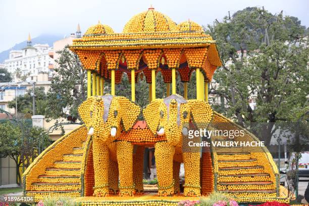 Sculpture made of lemons and oranges is displayed on the eve of the 85th Lemon Festival, on February 16, 2018 in Menton, southeastern France. - The...