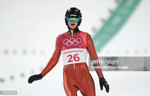 William Rhoads of the United States lands a jump during the Ski Jumping Men's Large Hill Individual Qualification at Alpensia Ski Jumping Center on...