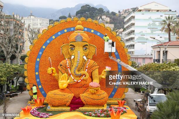 Sculpture of Hindu deity Ganesh, made of lemons and oranges, is pictured on the eve of the 85th Lemon Festival, on February 16, 2018 in Menton,...