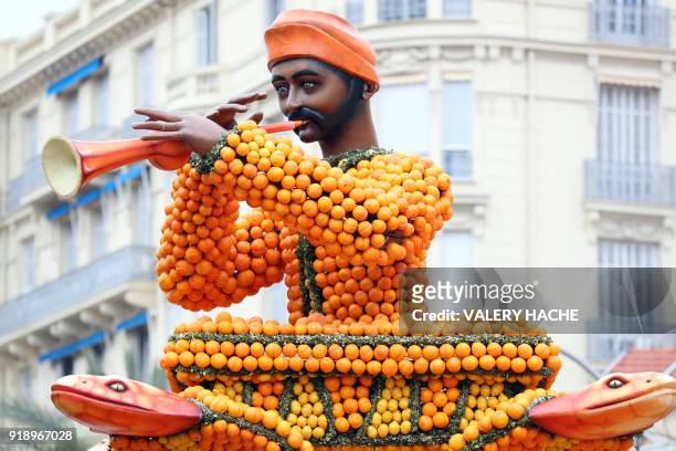 Sculpture made of lemons and oranges is pictured on the eve of the 85th Lemon Festival, on February 16, 2018 in Menton, southeastern France. - The...