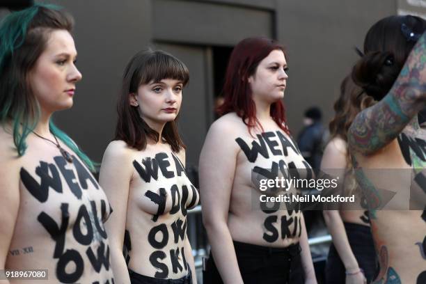 Animal rights group PETA protest outside the entrance to London fashion week on February 16, 2018 in London, England.