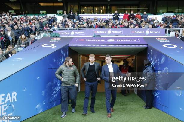 Prince Harry attends the England rugby team's open training session as they prepare for their next Natwest 6 Nations match, with Jonny Wilkinson at...