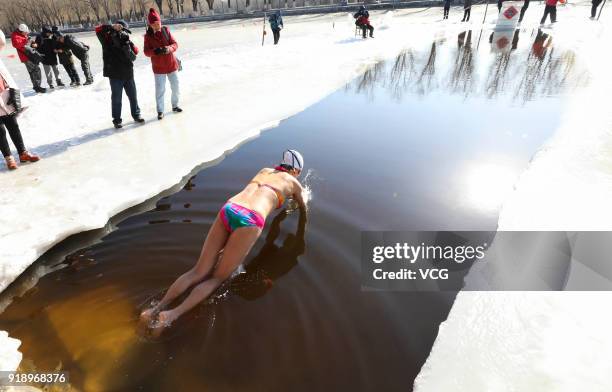 Swimming enthusiast in festive attire swims in cold river at Beiling Park on the first day of Spring Festival on February 16, 2018 in Shenyang,...