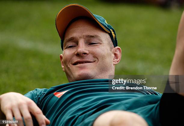 Stirling Mortlock of the Wallabies shares a joke with a team mate during an Australian Wallabies training session at Leichhardt Oval on October 15,...