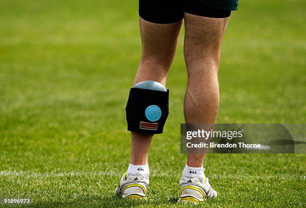 Stirling Mortlock of the Wallabies is seen with an ice pack strapped to his calve muscle during an Australian Wallabies training session at...