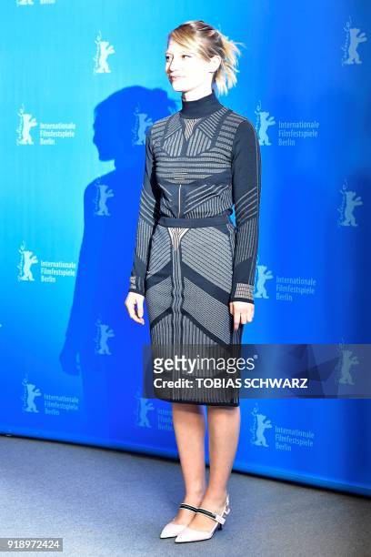 Australian actress of Polish origin Mia Wasikowska poses during a photocall before a press conference to present the feminist western "Damsel" during...