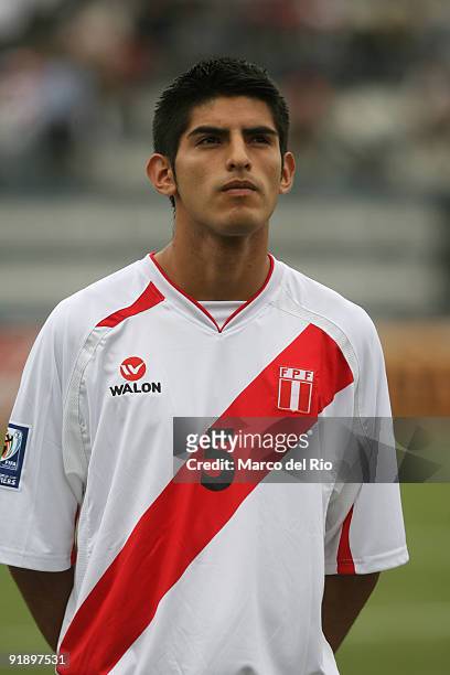 Carlos Zambrano of Peru before their match as part of the 2010 FIFA World Cup Qualifier at Alejandro Villanueva Stadium on October 14, 2009 in Lima,...