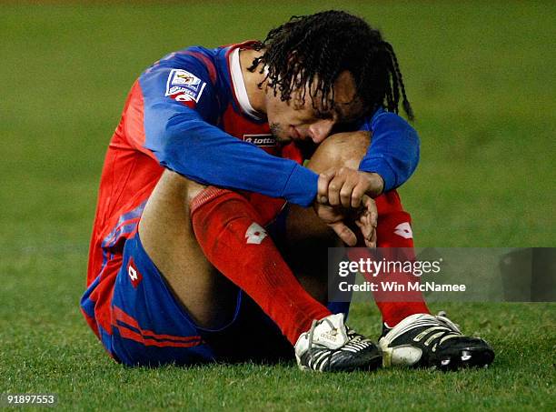 Michael Barrantes of Costa Rica reacts after the U.S. Tied the score in the final minute of their FIFA 2010 World Cup Qualifier at RFK stadium on...