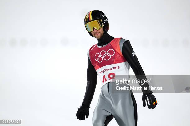 Markus Eisenbichler of Germany competes during the Ski Jumping Men's Large Hill Individual Qualification at Alpensia Ski Jumping Center on February...