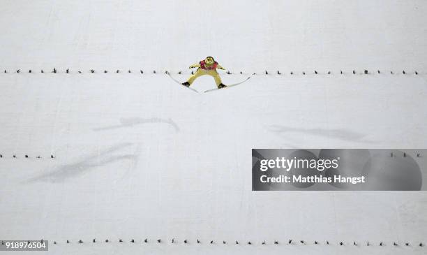 Noriaki Kasai of Japan competes during the Ski Jumping Men's Large Hill Individual Qualification at Alpensia Ski Jumping Center on February 16, 2018...