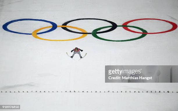 Markus Eisenbichler of Germany competes during the Ski Jumping Men's Large Hill Individual Qualification at Alpensia Ski Jumping Center on February...