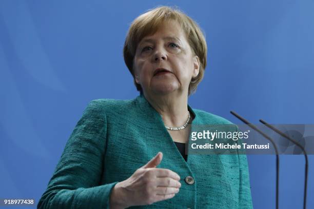 German Chancellor Angela Merkel speaks during a press conference with the new Polish Prime Minister at the Chancellery on February 16, 2018 in...