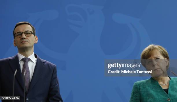 German Chancellor Angela Merkel and new Polish Prime Minister Mateusz Morawiecki upon Morawiecki's speak to thge press during a press conference at...