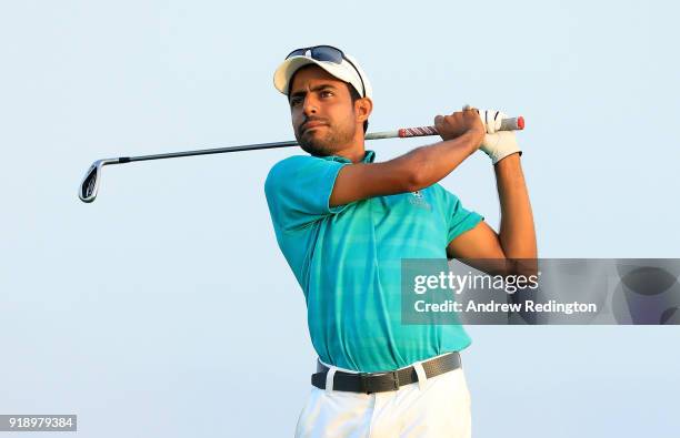 Azaan Al Rumhy of the Oman tees off on the par four 18th hole during the second round of the NBO Oman Open at Al Mouj Golf on February 16, 2018 in...