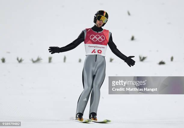 Markus Eisenbichler of Germany lands a jump during the Ski Jumping Men's Large Hill Individual Qualification at Alpensia Ski Jumping Center on...