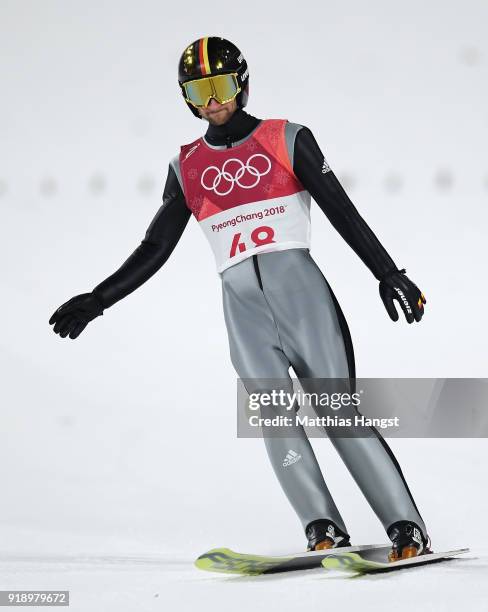 Markus Eisenbichler of Germany competes during the Ski Jumping Men's Large Hill Individual Qualification at Alpensia Ski Jumping Center on February...