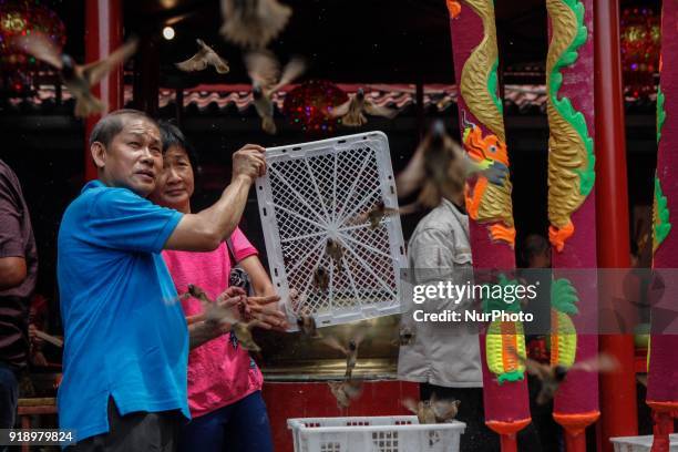 Indonesian ethnic Chinese releases birds, which is believed to bring good luck as a part of Chinese Lunar New Year celebrations at Petak Sembilan...