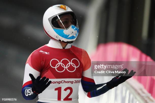 Katie Uhlaender of the United States reacts in the finish area during the Women's Skeleton heat two at Olympic Sliding Centre on February 16, 2018 in...