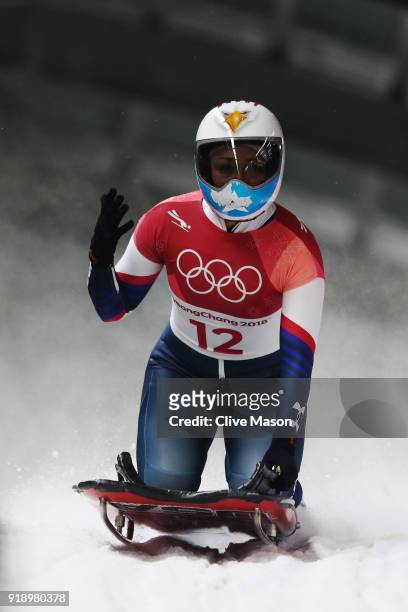 Katie Uhlaender of the United States reacts in the finish area during the Women's Skeleton heat two at Olympic Sliding Centre on February 16, 2018 in...