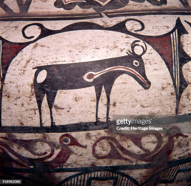 Hunting Magic, Design on pottery vessel, Zuni tribe, Pueblo Indian. Note the line to read the hunter's arrow to the buffalo's heart. British Museum,...