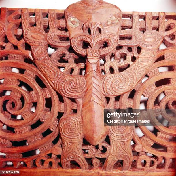 Maori Woodcarving representing panel detail of Ancestor. Panel from meeting-house. The Maori are the indigenous Polynesian people of New Zealand,...