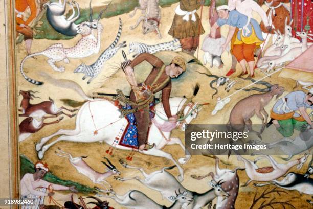 Akbar hunting, Mughal Scool, 1590. At British Museum. Artist Unknown.